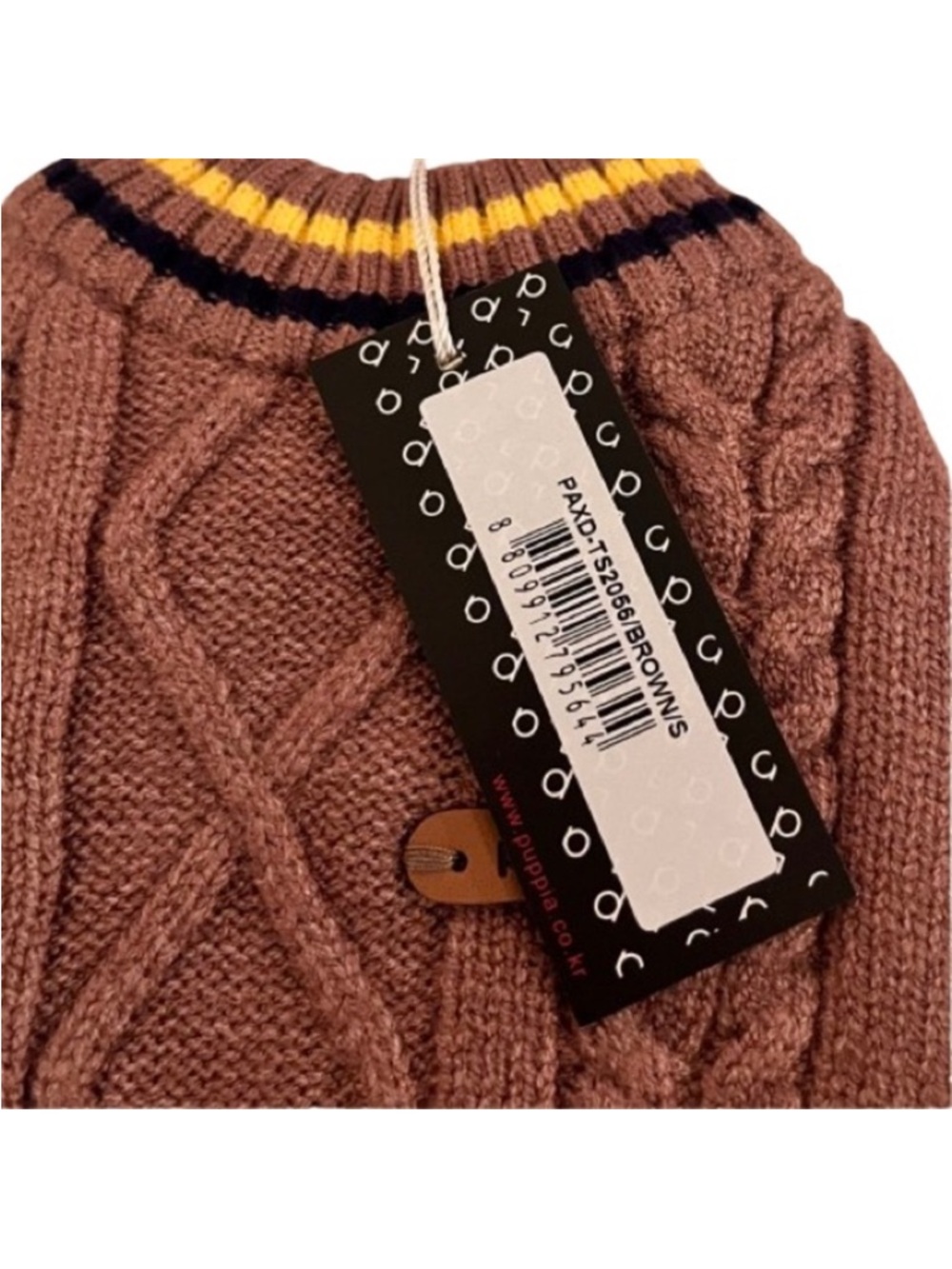 🆕-Puppia Joise- Brown Cable-Knit Dog Sweater w/Striped Trim- Small Medium Dogs - Picture 9 of 11